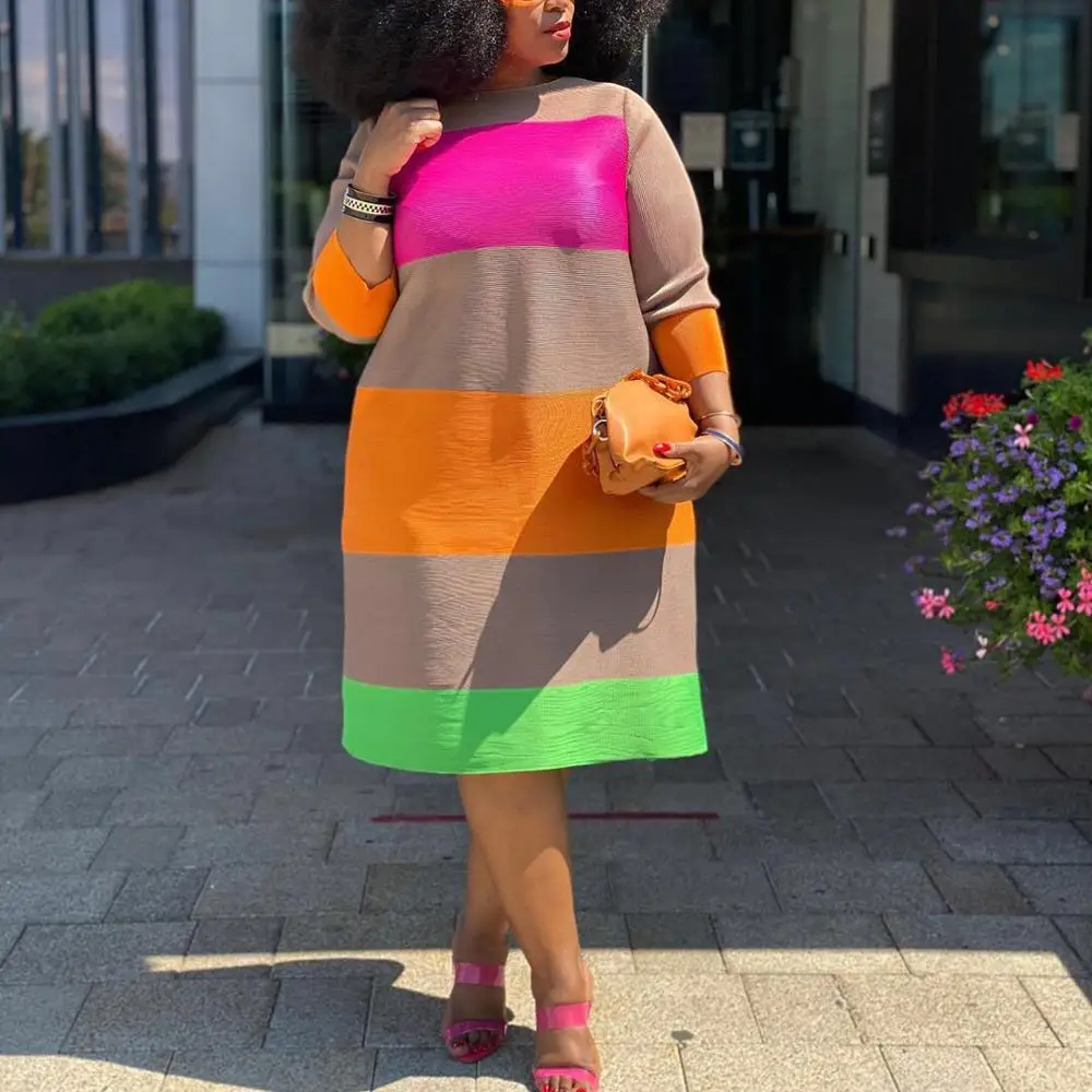 

African Women Big Size Dresses 4xl Colorful Striped Patchwork Loose Full Sleeve 2020 Elegant Evening Party Night Dinner Dress