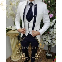 szmanlizi fashion white jacquard 3 pcs men suits for wedding groom tuxedos groomsman prom suits terno party blazer costume homme