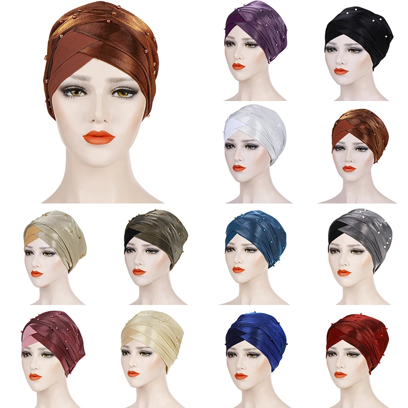 Элегантный мусульманский хиджаб с бисером эластичная повязка для волос тюрбан