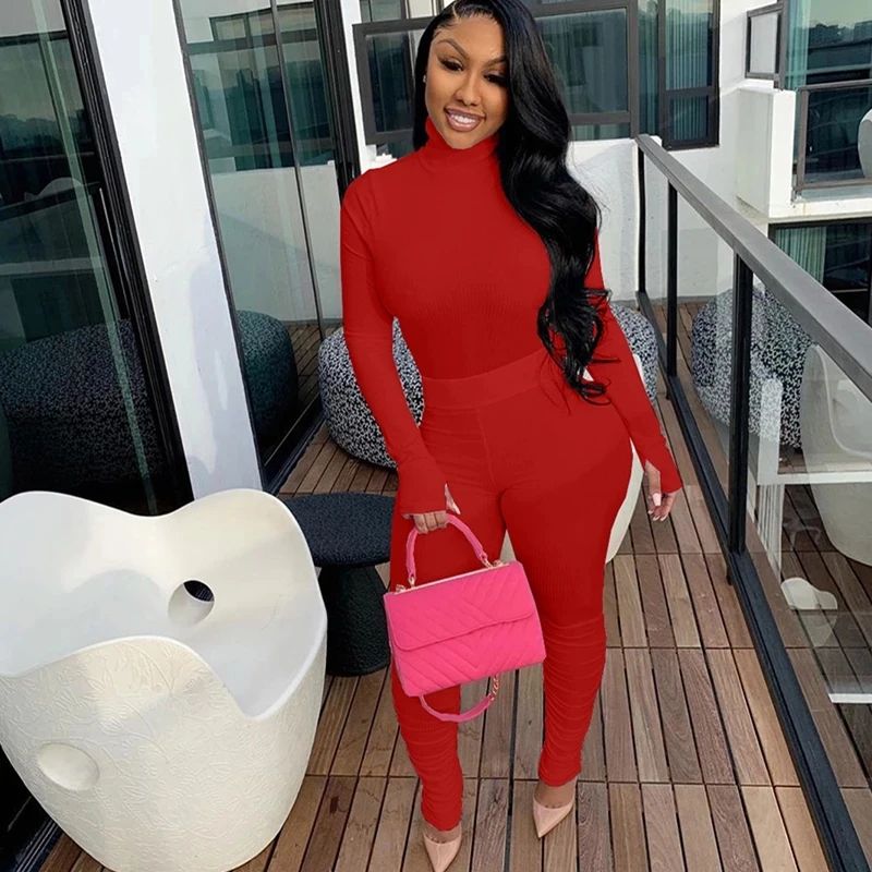 

Imcute Autumn Winter Knitted Sweater Ribbed 2 Piece Set 2020 Sexy Skinny Bodycon Ruched Pleated Pants Set Turtleneck Sweater Top