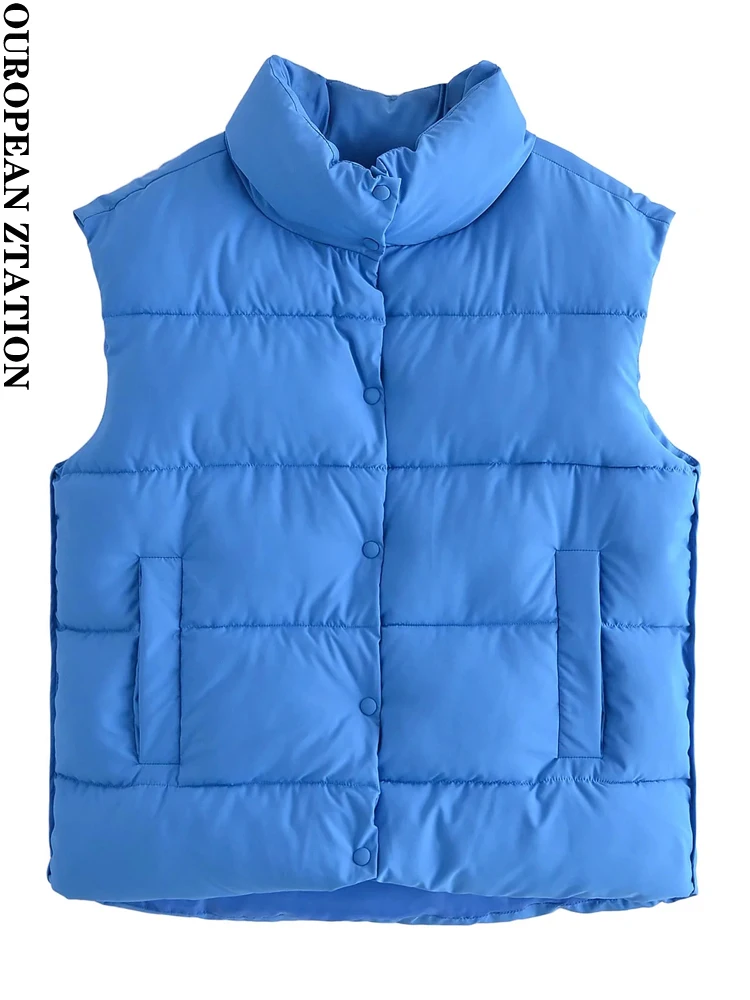 

Women water-repellent puffer gilet jacket 2022 New Fashion Retro Blue high neck Sleeveless vest Women's streetwear spring coat