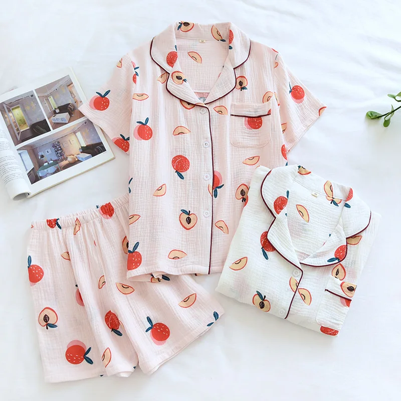 

Women Peach Crepe Pajama Set Printing Loose Casual Sleepwear Shorts Short Sleeve Lounge Wear Breathable Sexy Nightwear 2 Piece