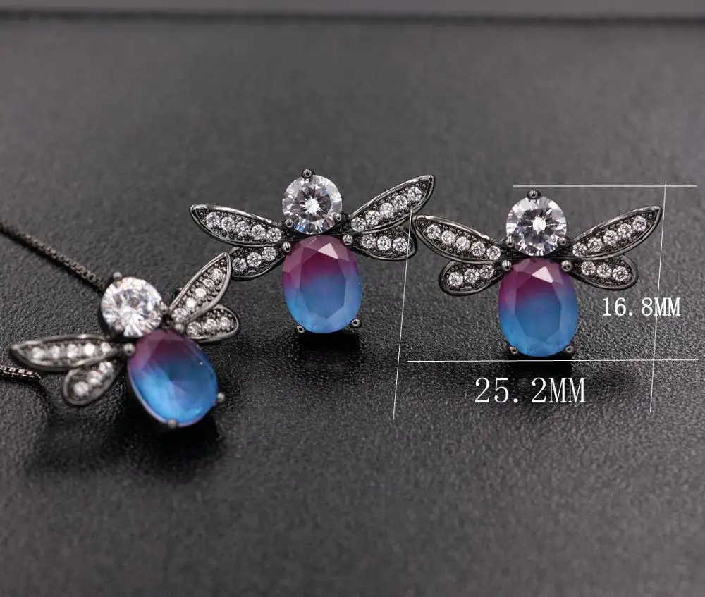 

Fashion Bee Animal Pendants Necklaces Stud Earrings 3PCS Jewelry Sets colorful Cubic Zirconia Stone Women Wedding party Jewelry