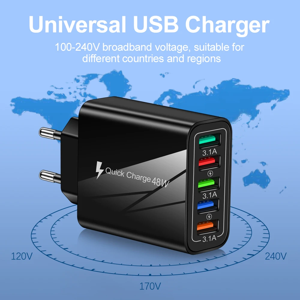 48W 5 USB Charger Quickly Fast Charging Universal Wall QC3.0 Adapter for iPhone 12 Xiaomi HuaWei Mate 40 Samsung | Мобильные
