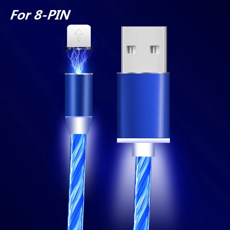 Магнитный зарядный кабель типа C, светящийся usb-кабель для iPhone XS Max XR X светодиодный USB C провод для быстрой зарядки для samsung huawei P20 - Цвет: Blue For 8-PIN