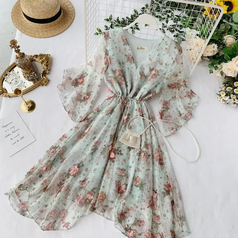 

2019 new fashion women's dresses Holiday summer flare sleeve tie irregular floral chiffon