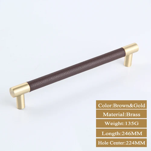 Brown Gold 224MM 1 шт. ручки для шкафа/Ручки Латунный шкаф для шкафа черный/коричневый кожаный дверные ручки высокое качество домашний декор - Цвет: Brown Gold 224MM