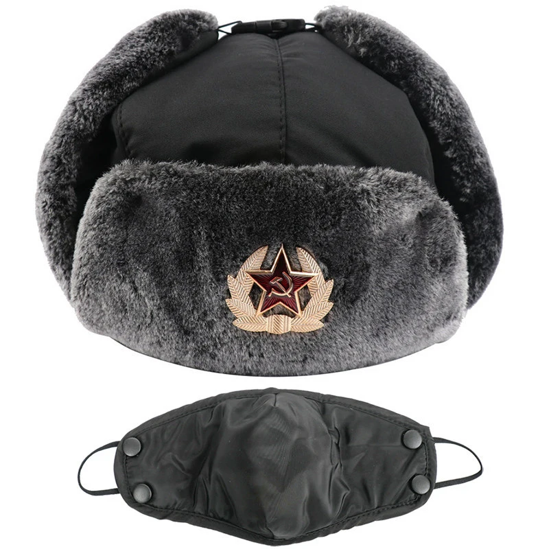 

Russian Trapper Hat Cap with Soviet Badge and Face Cover Faux Furs Ushanka Flaps Hat Winter Thick Water and Wind Proof N