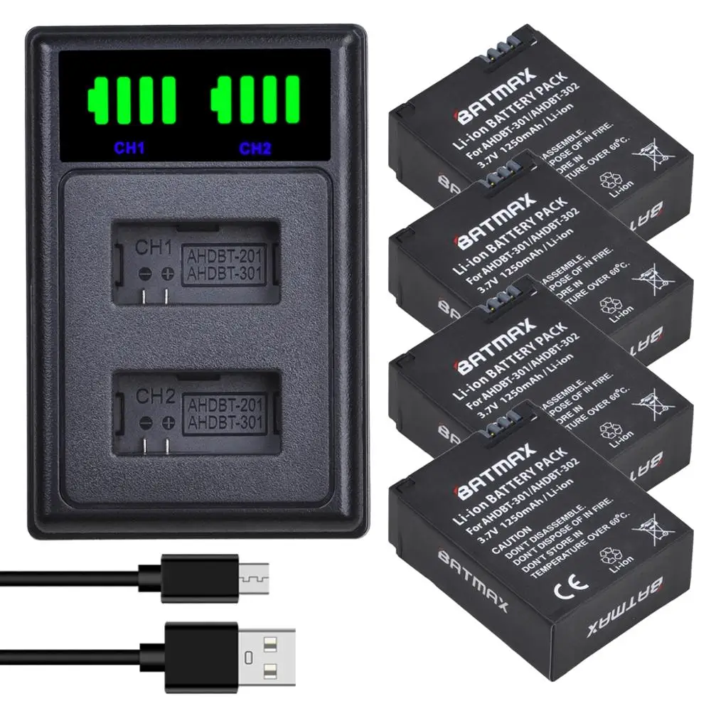 Batmax AHDBT 301 302 для Gopro батарея + Новый светодиодный двойной USB зарядное устройство Hero