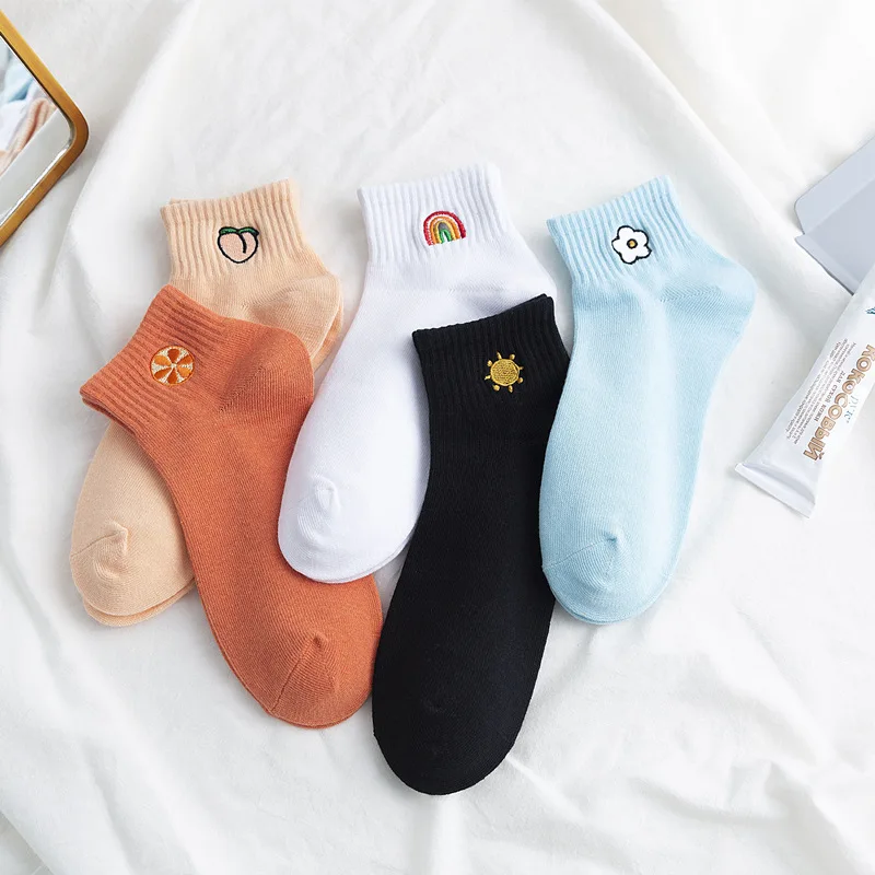 

Rainbow Peach Embroidered Patterned Socks Women Fashion New Summer Harajuku Art Socks Female Funny Short Cotton Ankle Socks