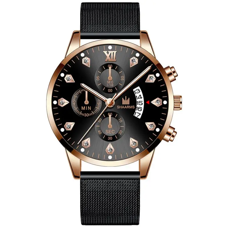 2019 Мужские часы Роскошные черные сетка ремешок из нержавеющей стали Кварцевые