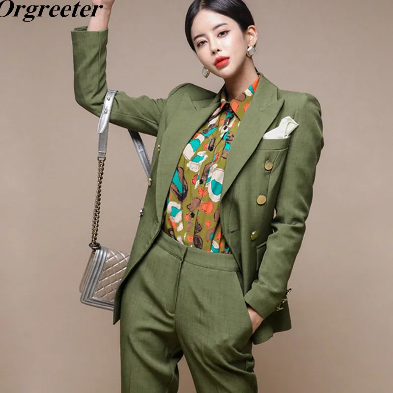 

Newest Double Breasted Blazer and Trouser Two Piece Set Autumn Winter Formal Green Coat and Pants Women's Suit OL Work wear