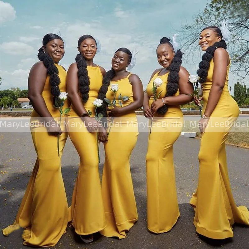 

Simple Gold Yellow Satin Bridesmaid Dresses Custom Made Plus Size Spaghetti Strap Mermaid Wedding Guest Dress Formal Party Gowns