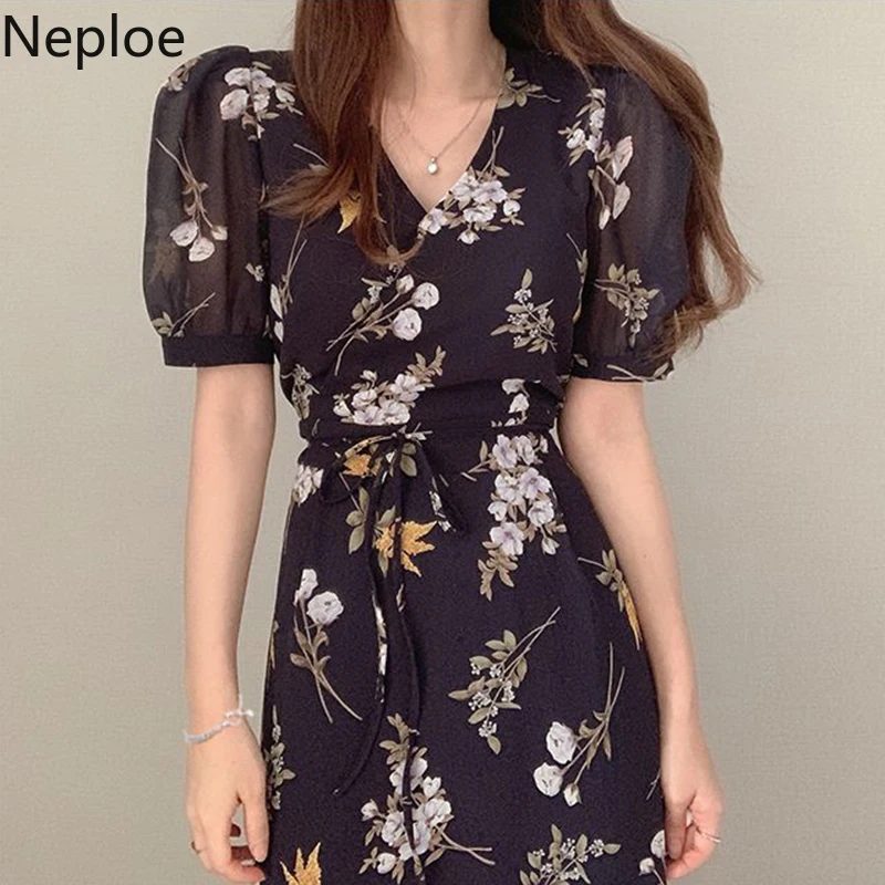 Neploe Flower Lace Up Print Dress Women Summer 2020 Elegant V Neck Puff Sleeve Ladies Vestido Fashion Slim Waist Chiffon Dresses | Женская