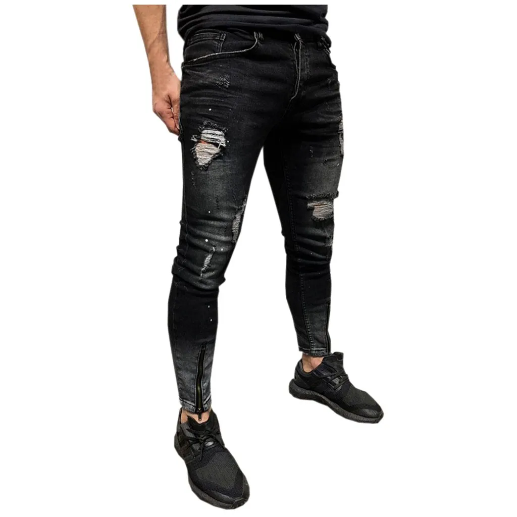 

Mens Skinny Stretch Denim Pants Denim Scratched High Quality Jean Distressed Ripped Freyed Slim Fit Jeans Pocket Trousers 2021