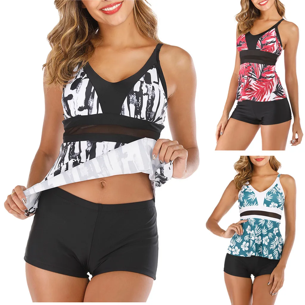 Бикини 2020 женский сексуальный комплект Танкини с V образным вырезом и принтом