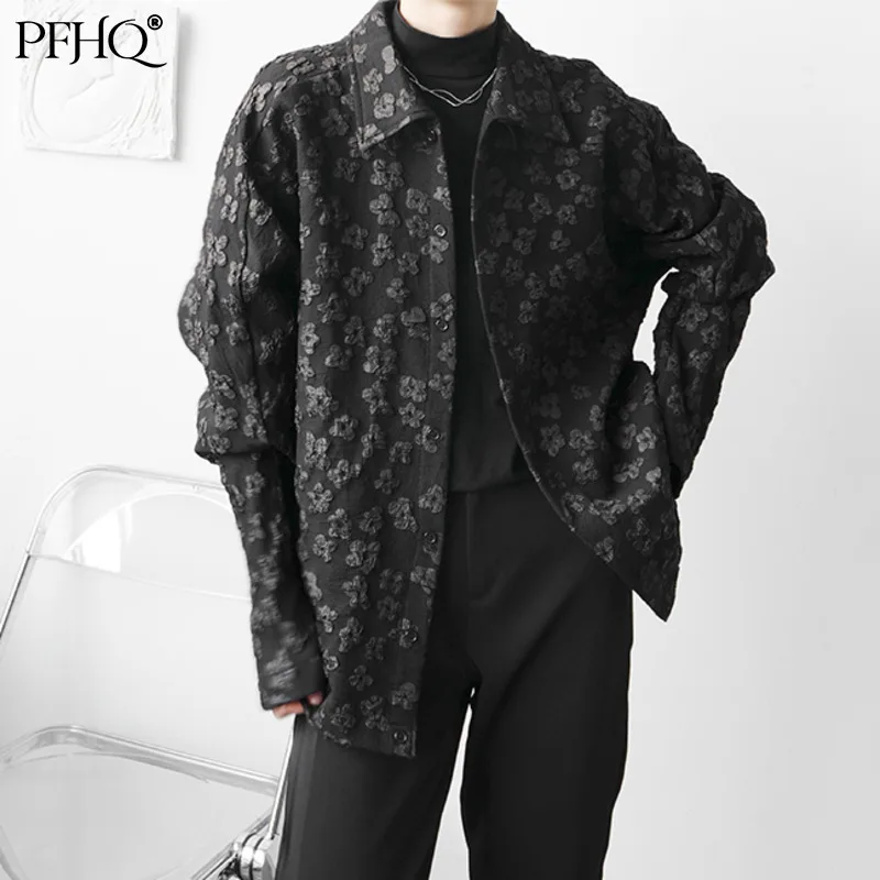 

PFHQ 2021 New Men's Fashion Loose Solid Color Lapel Korean Trend Stitching Lace Single breasted Shirt Autumn Winter 21E1291