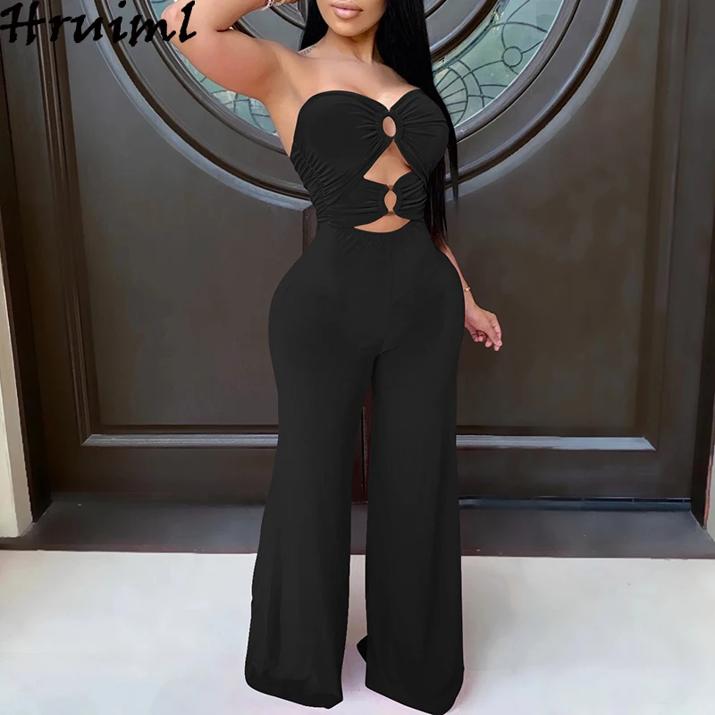 

Sexy Strapless Women Jumpsuit Summer Sleeveless Backless Solid Hollow Out Wide Leg Pants Female Playsuit High Waist Club Fashion
