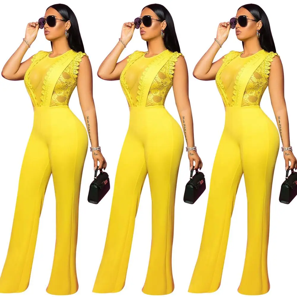 

Yellow Lace Patchwork High Waist Straight Long Jumpsuit 2020 Summer Newon Sexy Women Short Sleeve Straight Romper Female Catsuit