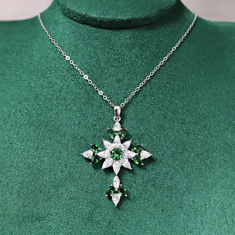 Luxury 100% S925 Sterling Silver Cross Green High Carbon Diamond Necklaces For Women Wedding Party Fine Jewelry Gifts 40+5cm