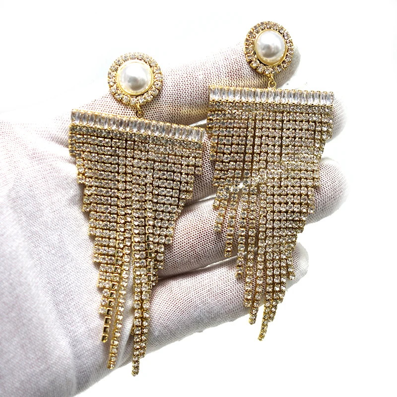 

103mm Super Long Tassels Dangle Earrings Treny Cubic Zircon Wedding Engagement Party Indian gold earrings for women 2021