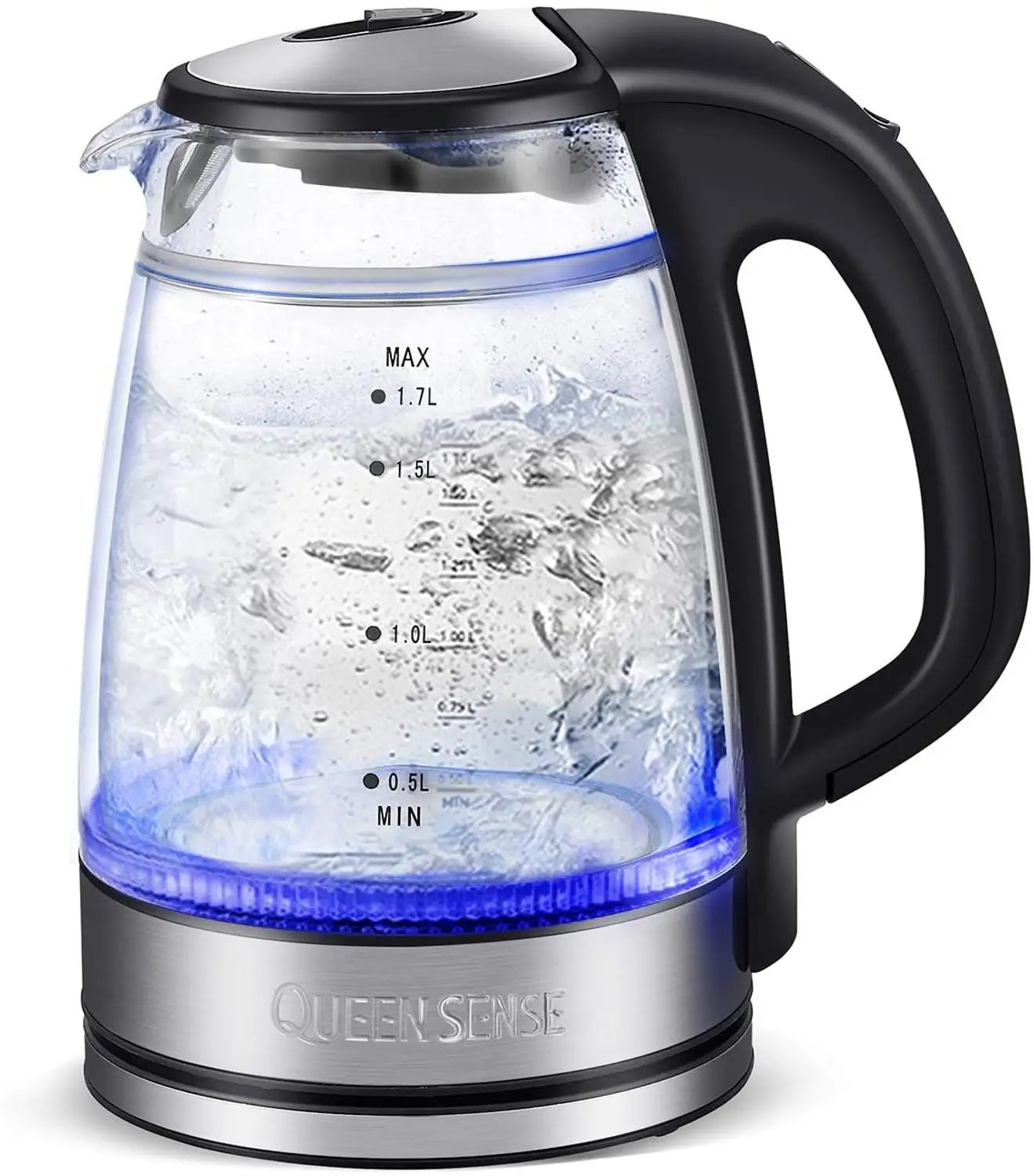 

Electric Water Kettle Glass Double Wall Cordless with Blue LED Light, 1.7L Tea Kettle, Fast Water Boiler, Automatic Shutof