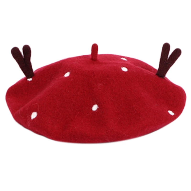 Women Christmas Faux Wool Beret Cap Cute 3D Antlers Vintage Painter Mushroom Hat 6XDA