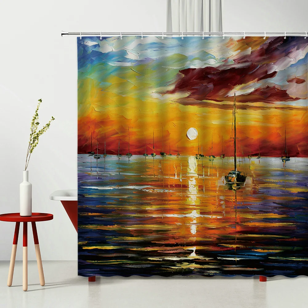 

European Style Oil Painting Bath Curtain Autumn Forest Landscape Bath Screen Bathtub Decor Home Shower Curtain Multiple Size