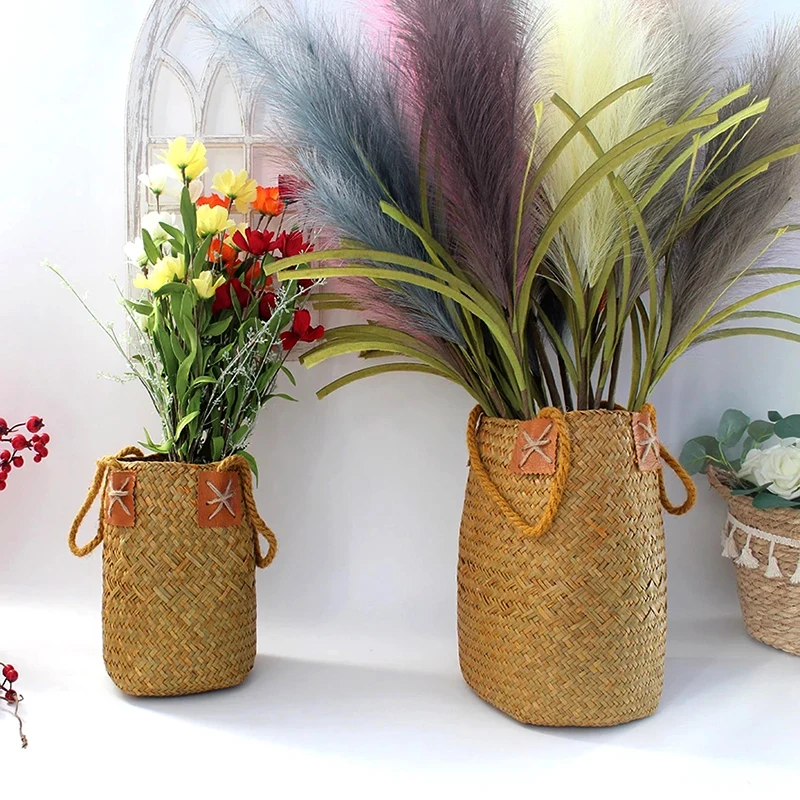 Natural Straw Basket Hand-woven Collapsible Flower Basket Dried Flower Wicker Woven Basket Fruit Basket Nordic Style SDF