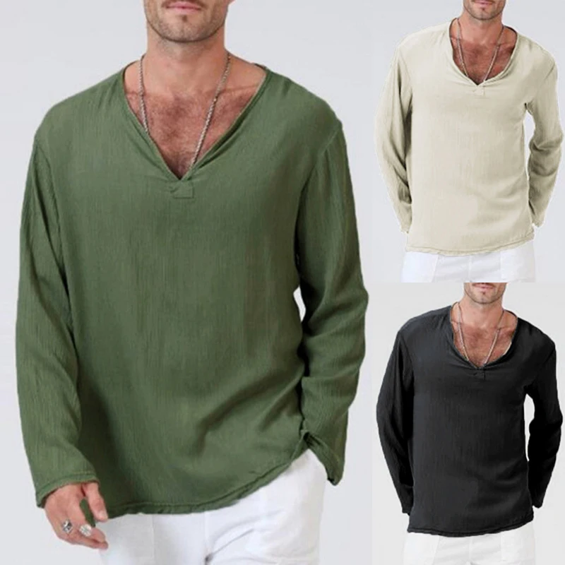 

Mens Casual Long Sleeve Shirt Summer Cool Loose Solid V Neck Shirts Tops -OPK