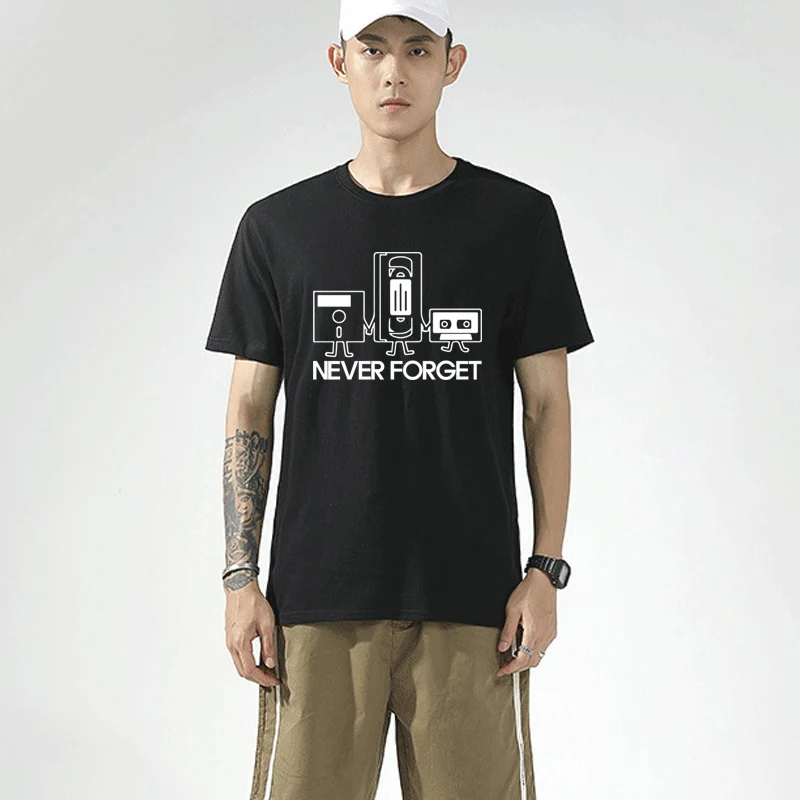 

Fashion T-shirts Men Short Sleeve Never Forget Floppy Disc VHS Cassette Tech Geek Print T Shirts Male Cotton Tops Plus Size