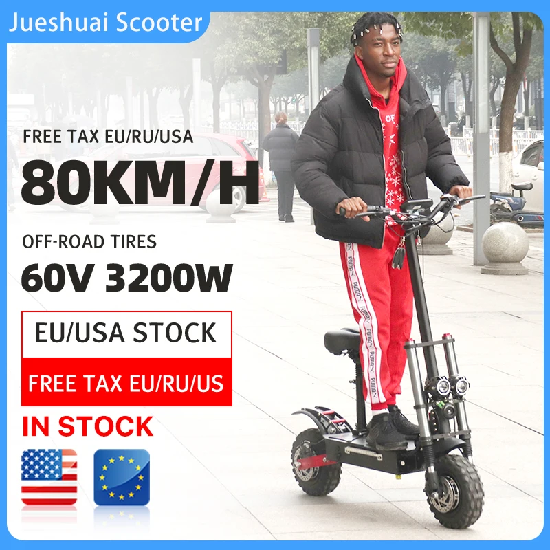 

80KM/H 60V 3200W Electric Scooter Big Wheel E Scooter with Seat 11 Inch Off Road Tire Folding patinete elÃ©trico EU USA Stock