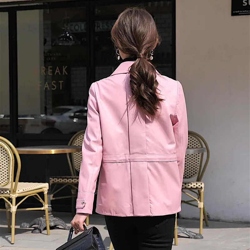 Popular Autumn Spring New Fashion Genuine Leather Jacket Cute Pink Garment Medium Length Lady Sheepskin Coat High Quality