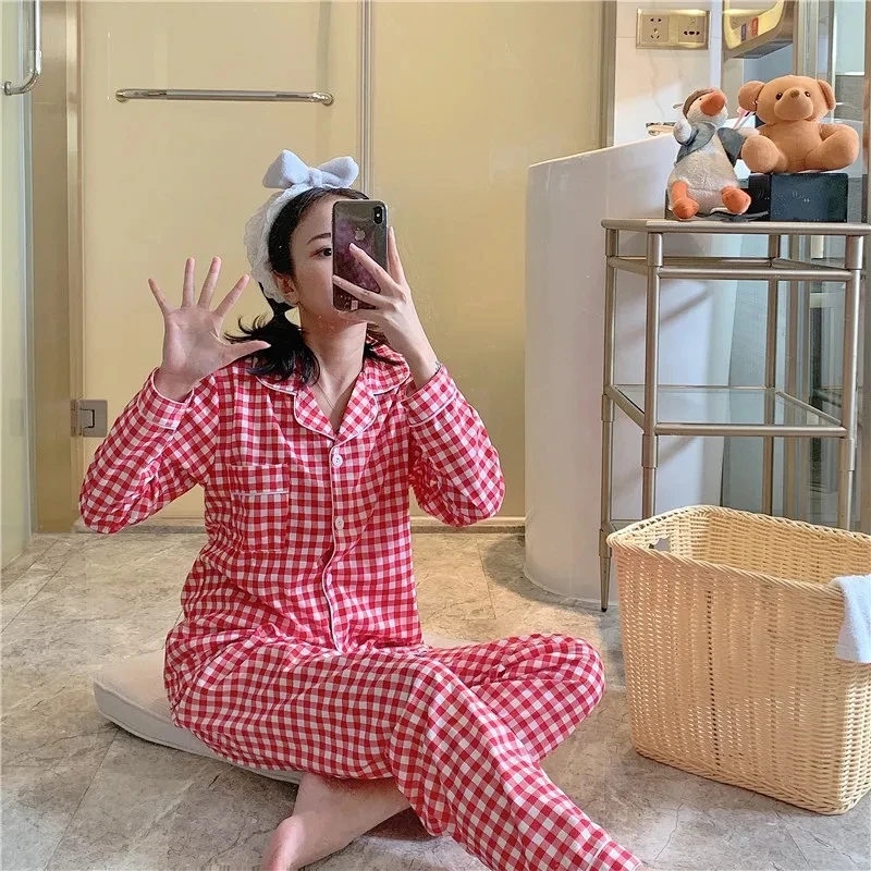 Женские пижамные комплекты в клетку пижама с длинными рукавами Женский отложным