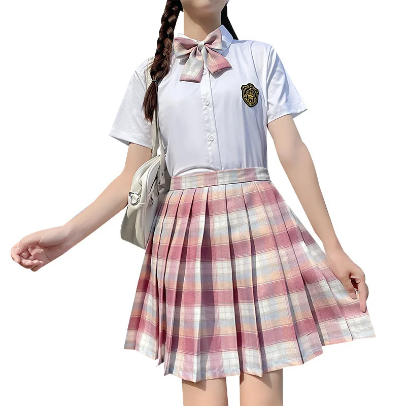 

Summer New JK Uniform Pleated Mini Skirt College Style Two Piece Set Women Skirts Sets Young Fashion Girl 2021 New Outfit Shirt
