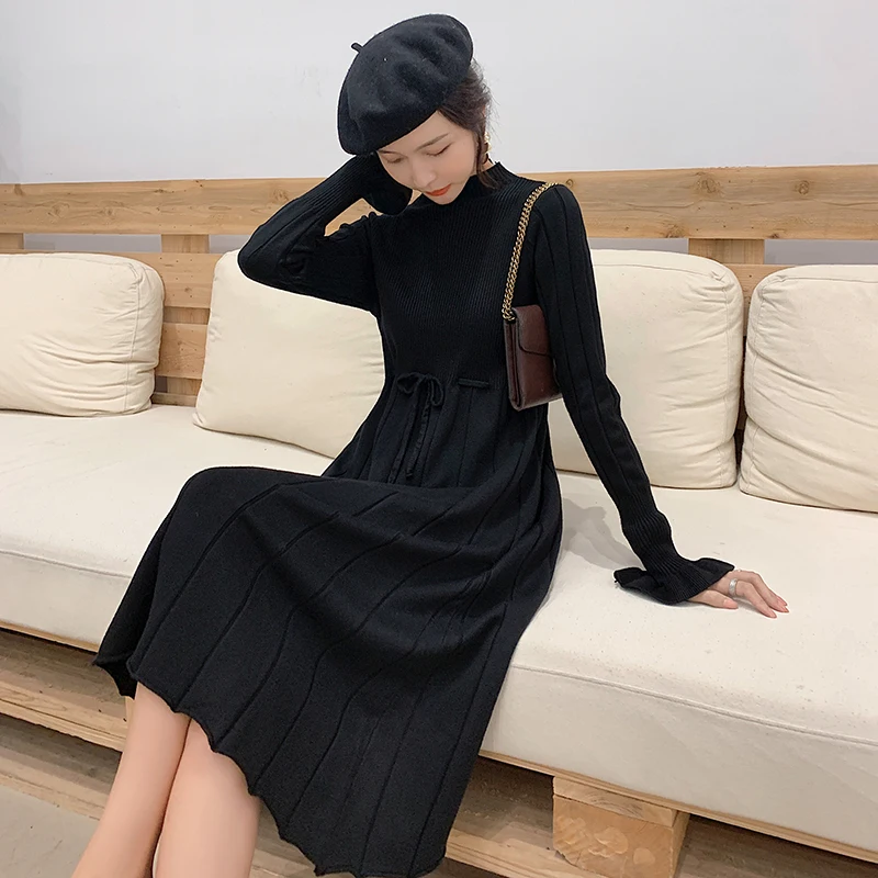 

2019 Autumn Winter Knitted Sweater Dress Women Sexy O Neck Long Sleeve A-Line Dress Ladies Knee Party Dress Belt Vestido