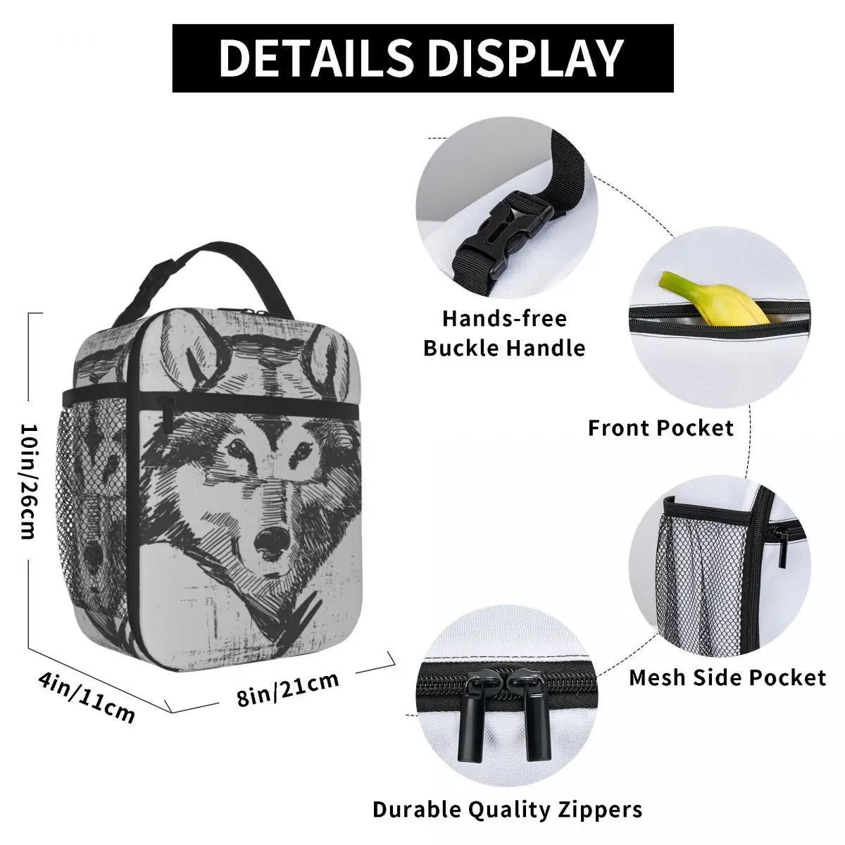 

Vintage Wolf Lunch Bag for Women Men Large Insulated Lunch Box with Water Bottle Holder and Pockets
