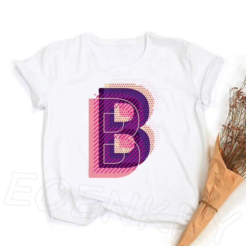

NEW Women Cool Letter T-shirt Font B White Short Sleeve Aesthetic Casual Tee Hipster Hip Hop Round Neck Graphic T-shirts
