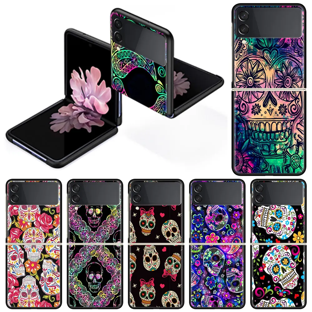 

Case For Samsung Galaxy Z Flip 3 Black Hard Phone Cover ZFlip 3 5G Luxury Shockproof Bumper Cases Fundas Cool Flower Skull Art
