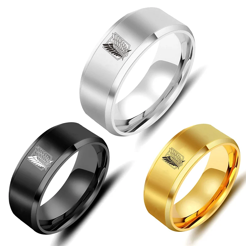 

Hot Anime Attack on Titan Black sliver Stainless Steel Ring Wings Of Liberty Flag Finger Rings For Men Women Jewelry Fans Gifts