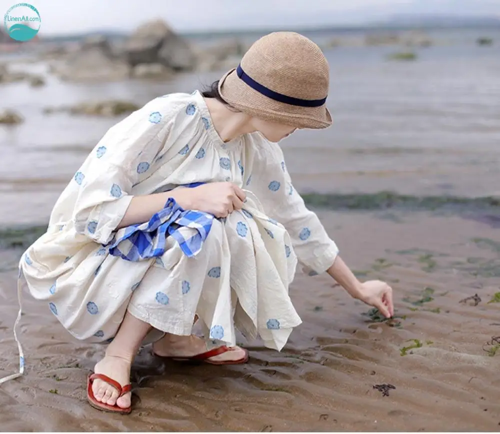 

LinenAll/летнее хлопковое и льняное свободное платье светло-голубого цвета с цветочным принтом и круглым вырезом на пуговицах