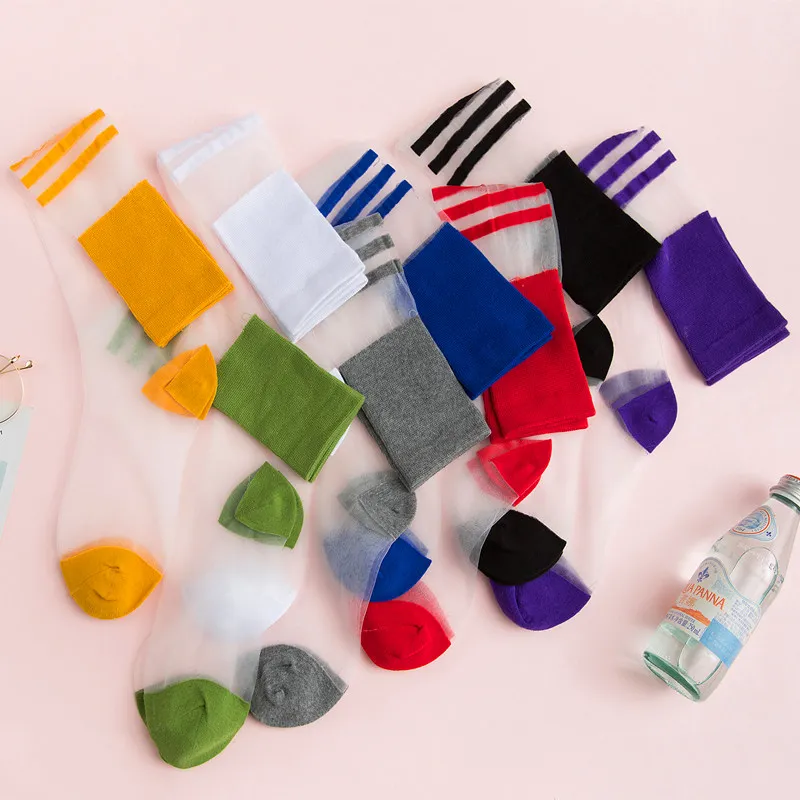 New spring and summer products Korean version of women's calf socks transparent personality glass silk and knee crystal socks
