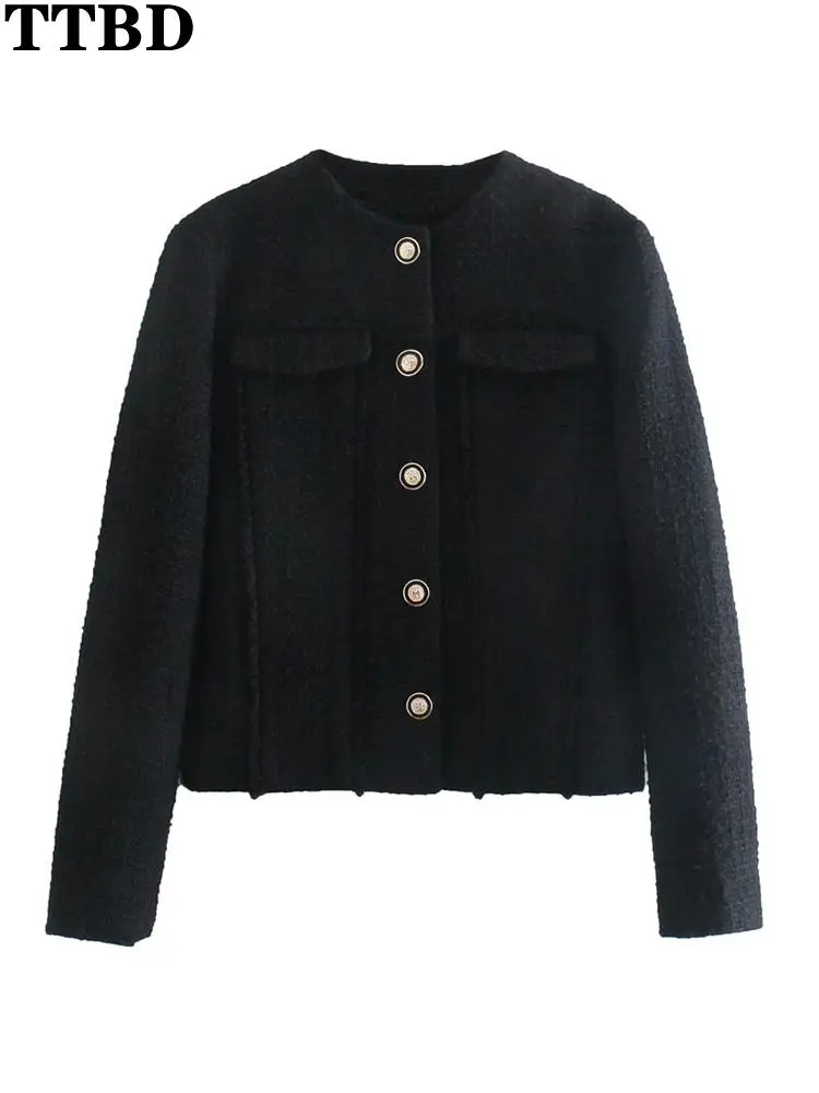 

TTBD jackets Women fashion cropped tweed blazer coat vintage long sleeve frayed trims female outerwear chic tops veste Black