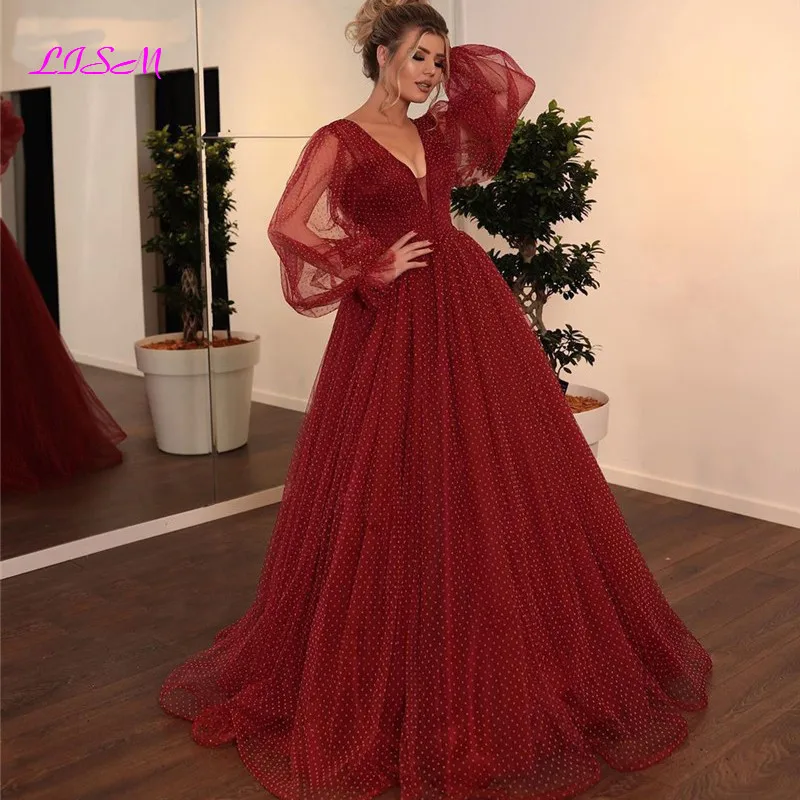 

Burgundy A-Line Evening Dress Puffly Sleeves vestido de festa Dubai Saudi Arabic V-Neck Long Evening Gowns