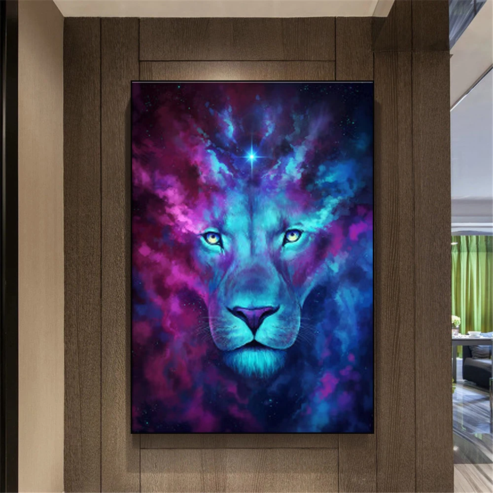 Художественный красочный синего цвета с принтом Лев и картина в абстрактном
