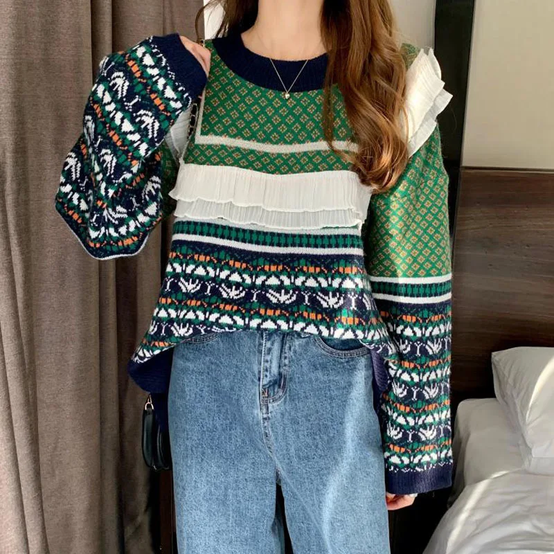 

Spring Vintage Geometric Hit Color Pullover Sweater Sweet Ruffle Patchwork Pull Femme 2021 New Long Sleeve Knitted Tops