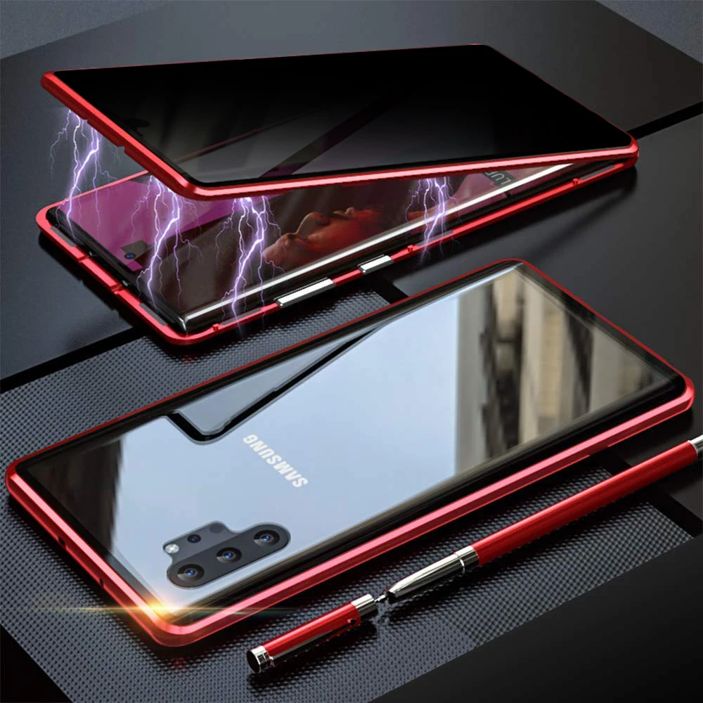 Магнитный чехол для samsung Galaxy S10, S8, S9, Note 10 Plus, Note 9, 8, S10e, противоскользящий двойной металлический бампер из закаленного стекла - Цвет: Red
