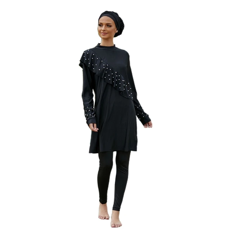 

L69F Black Swimming Suit for burkini Muslim Fashion Swimwear Women Swimsuit Long Sleeve Three-Piece Swimsuit Burkini Set