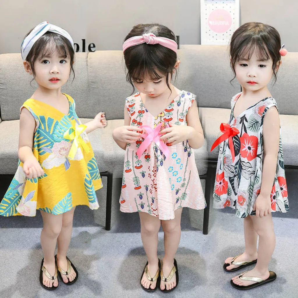 

1~5 Years Baby Girls Dressess Sleeveless Floral Leaf Print Summer Beach Princess Clothing Kids Dresses Bow Infant Costume