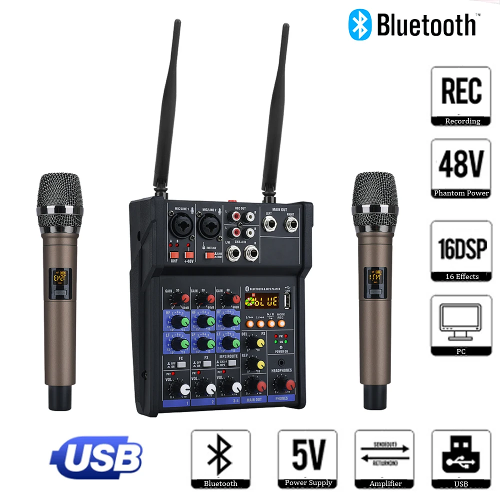 Аудио микшер UHF микрофон Bluetooth аудио USB DJ звуковая микшерная - Цена: 4 199,66 руб.